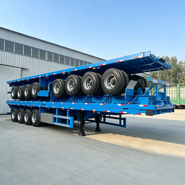 4 axle flatbed semi trailer front right view blue